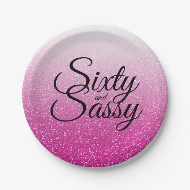 Pink Glitter Ombre 60 and Sassy 60th Birthday Paper Plates (Front)