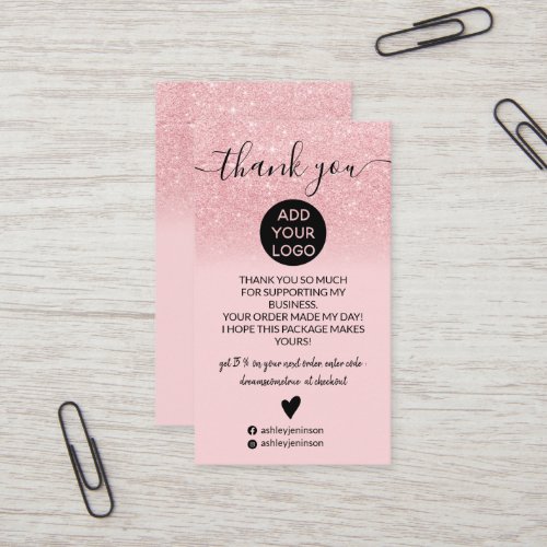 Pink glitter ombre blush order thank you business card