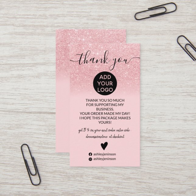 Pink glitter ombre blush order thank you business card (Front/Back In Situ)