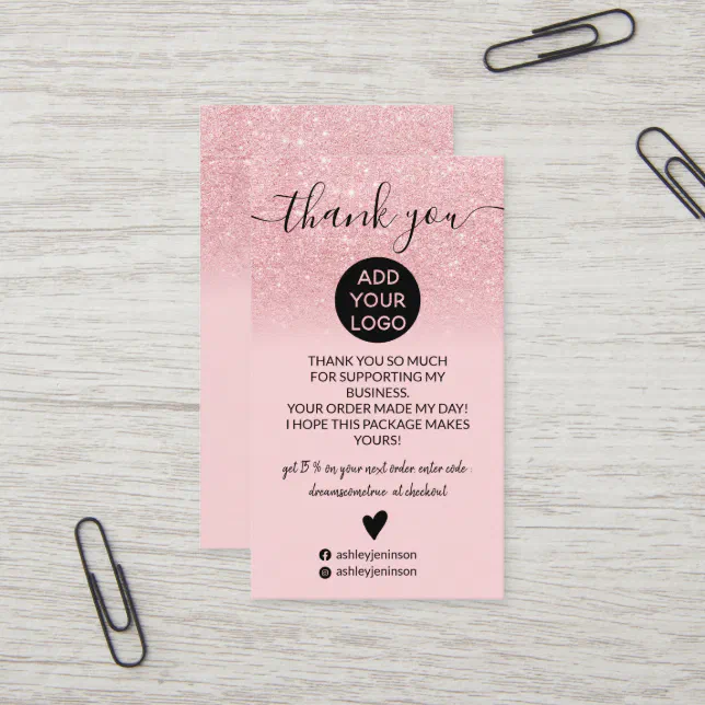 Pink glitter ombre blush order thank you business card | Zazzle