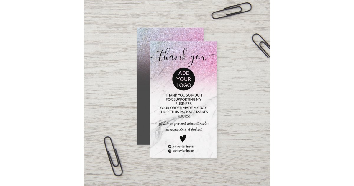 Pink glitter ombre chic marble order thank you business card | Zazzle