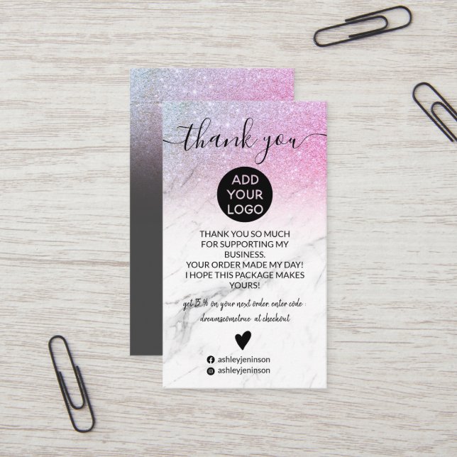 Pink glitter ombre chic marble order thank you business card (Front/Back In Situ)