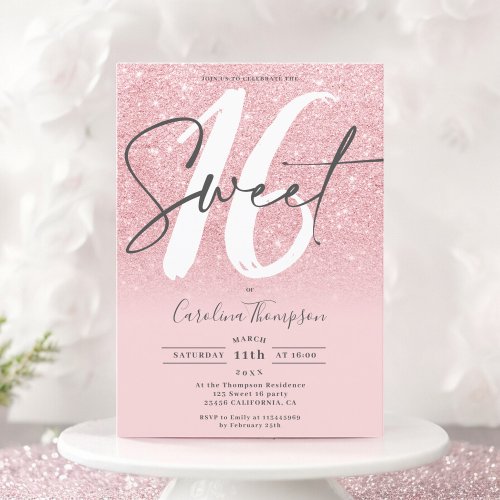 Pink glitter ombre font blush photo Sweet 16 Invitation