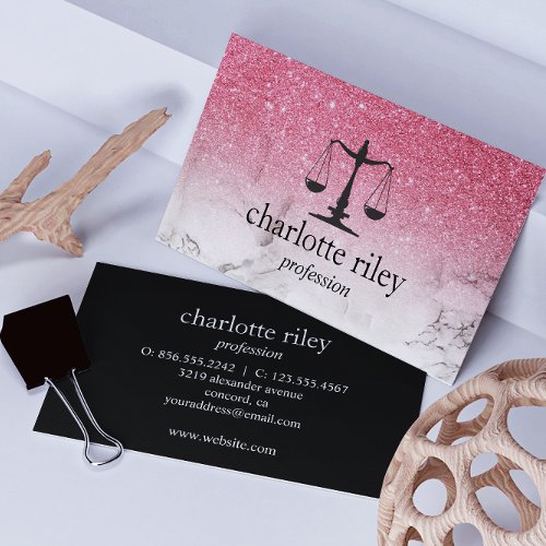 Pink Glitter Ombre Justice Scale Attorney Lawyer Business Card