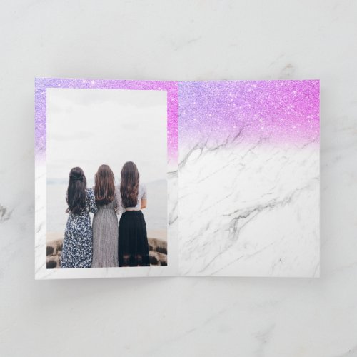Pink glitter ombre marble birthday photo grid card