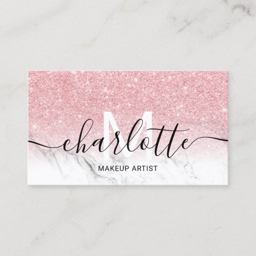 Pink glitter ombre marble name makeup logo business card
