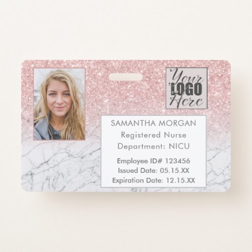 Pink Glitter Ombre Marble Photo Logo Employee ID B Badge