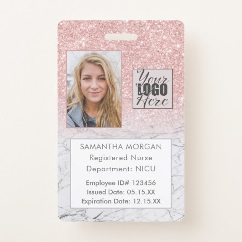 Pink Glitter Ombre Marble Photo Logo Employee ID Badge