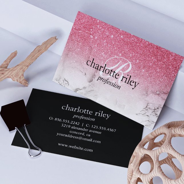 Pink Glitter Ombre Monogram Marble Salon Makeup Business Card (Creator Uploaded)