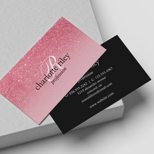 Pink Glitter Ombre Monogram Salon Makeup Nail Business Card