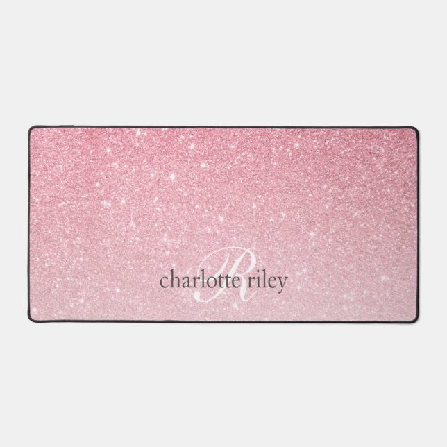 Pink Glitter Ombre Monogrammed Girly Desk Mat (Front)
