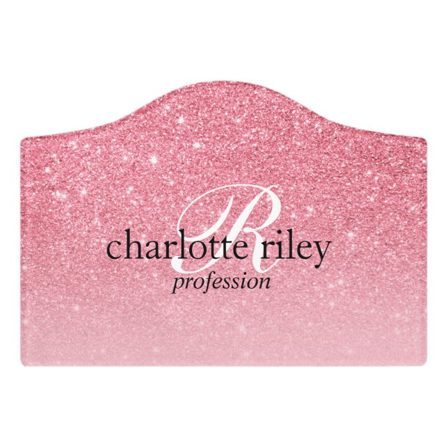 Pink Glitter Ombre Monogrammed Salon GIRL BOSS Door Sign (Small Crest Front)