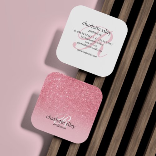 Pink Glitter Ombre Monogrammed Salon Makeup Nail Square Business Card