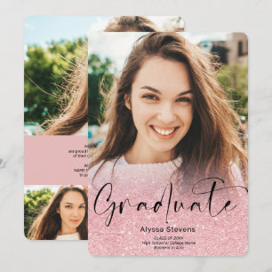 Pink glitter ombre script 4 photos graduation announcement