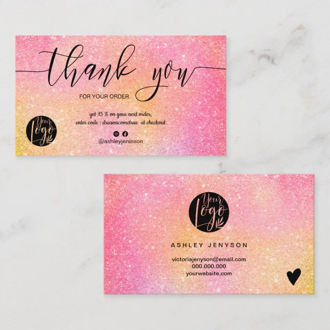 Pink glitter ombre script logo order thank you business card | Zazzle