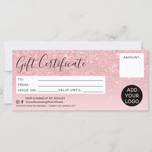 Pink glitter ombre sparkles gift certificate logo