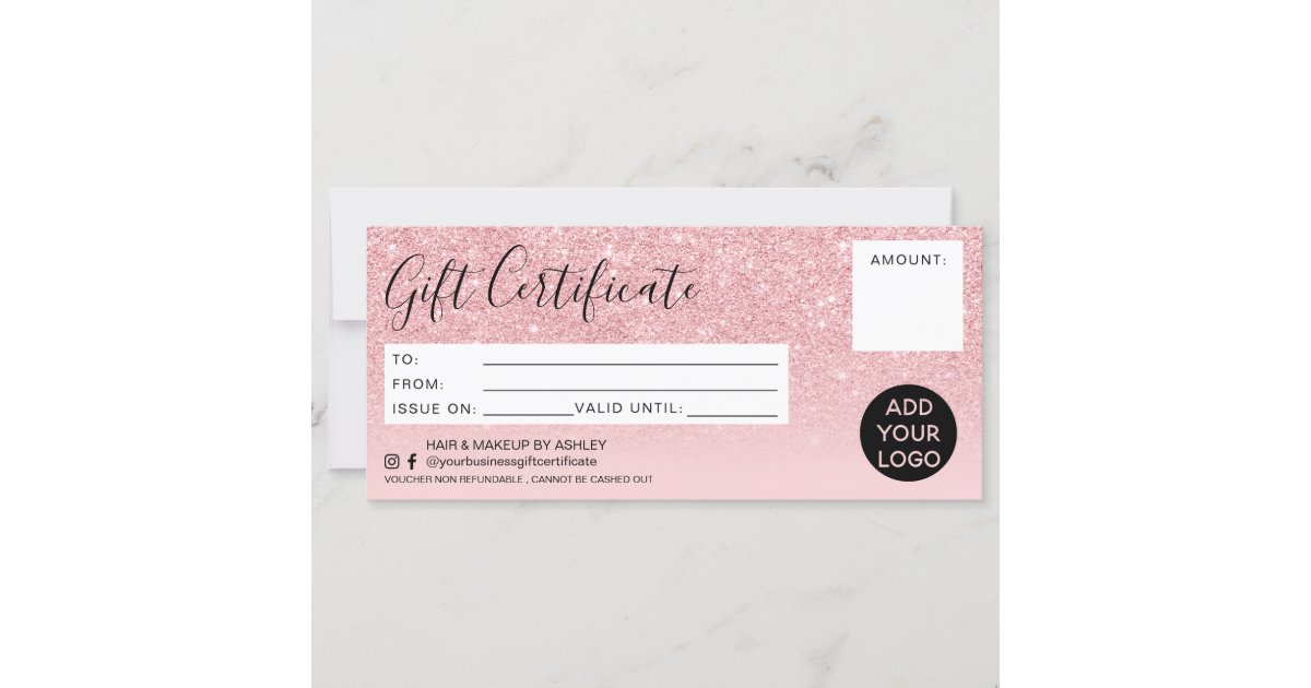 Pink glitter ombre sparkles gift certificate logo | Zazzle