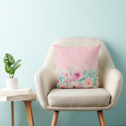  Pink Glitter Ombre Watercolor flowers Throw Pillow