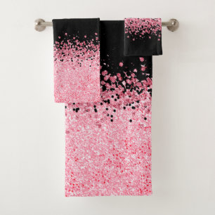 Pink Glitter on Black Bath Towel Set