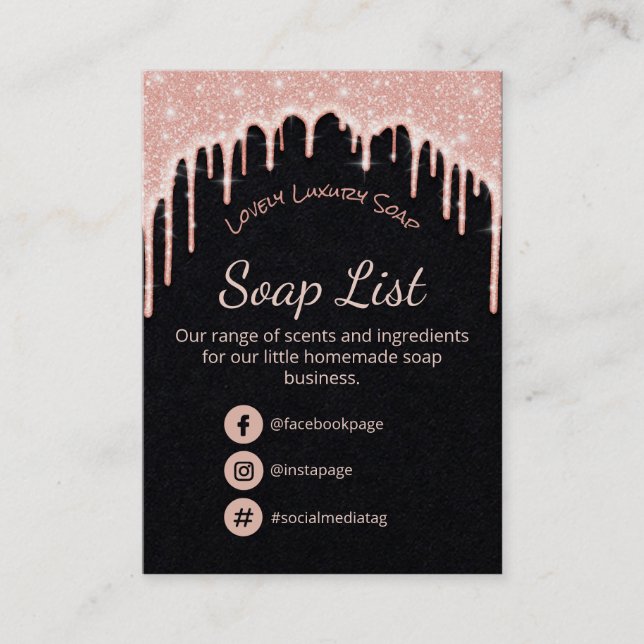 Pink Glitter On Black Fragrance Ingredients Soap Business Card (Front)