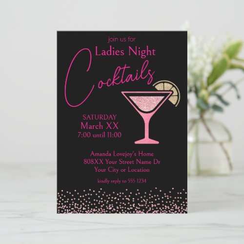 Pink Glitter on Black Ladies Night Cocktail Party Invitation