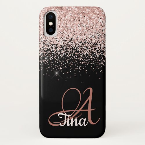 Pink Glitter on Black Monogram First Name iPhone X Case