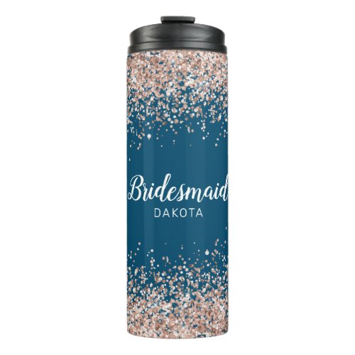 Pink Glitter on Blue Bridesmaid Name Thermal Tumbler