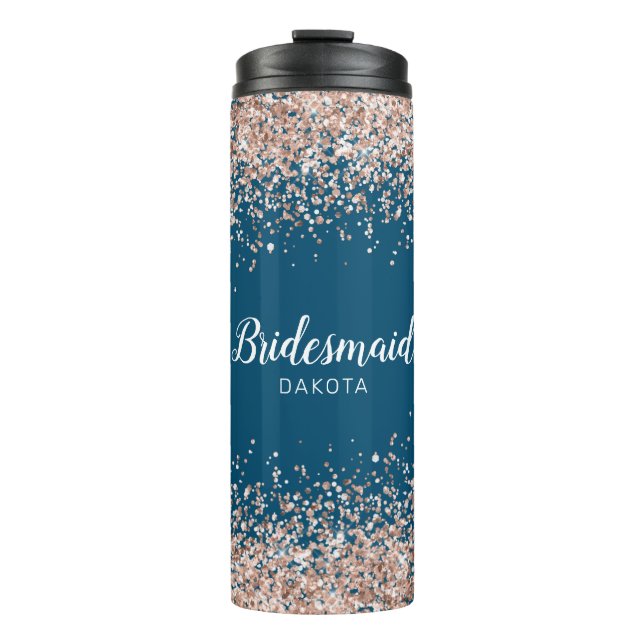 Pink Glitter on Blue Bridesmaid Name Thermal Tumbler (Front)