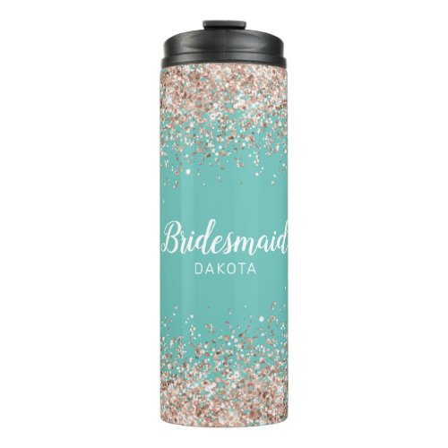Pink Glitter on Blue Green Bridesmaid Name Thermal Tumbler