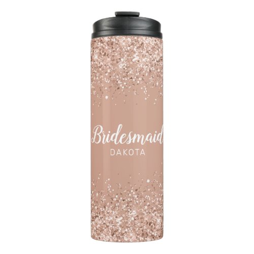 Pink Glitter on Dusty Pink Bridesmaid Name Thermal Tumbler