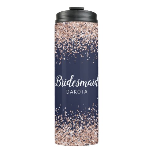Pink Glitter on Navy Blue Bridesmaid Name Thermal Tumbler