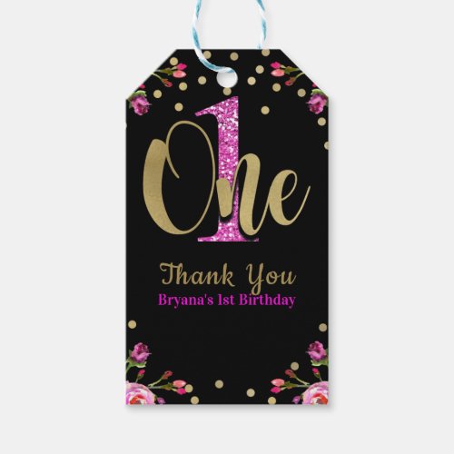 Pink Glitter ONE Black Floral 1st Birthday Party Gift Tags