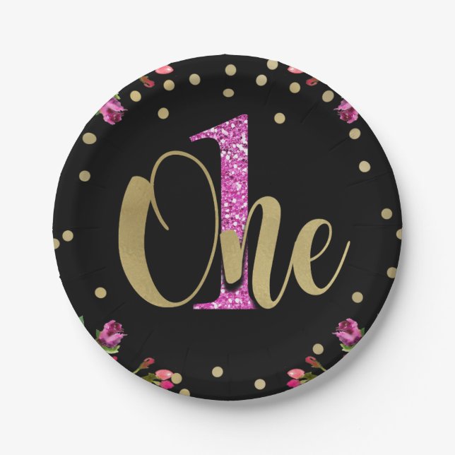 Pink Glitter ONE Black Floral 1st Birthday Party Paper Plates (Front)