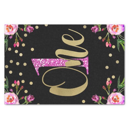 Pink Glitter ONE Black Floral 1st Birthday Party Tissue Paper