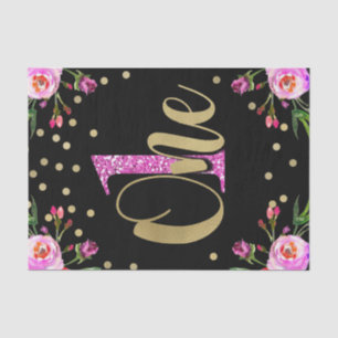 Pink Glitter ONE Black Floral 1st Birthday Party Tissue Paper