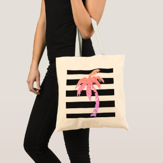 Pink Glitter Palm Tree Black White Stripe Tote Bag