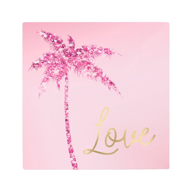 Pink Glitter Palm Tree Ombre Gold Love Metal Print (Front)