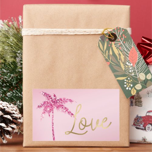 Pink Glitter Palm Tree Ombre Gold Love Rectangular Sticker