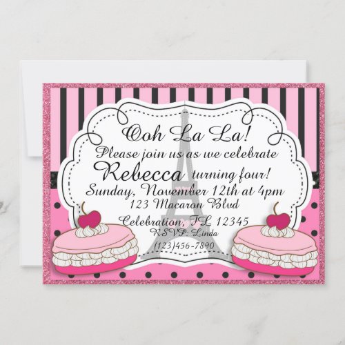 Pink Glitter Paris Eiffel Tower Girls Birthday Invitation