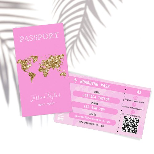 Pink Glitter Passport World Map Boarding Pass Business Card