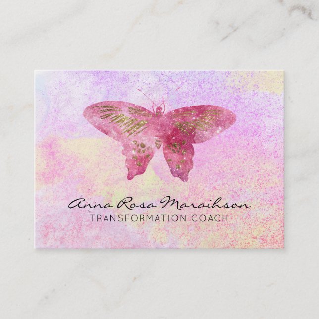 *~* Pink Glitter Pastel Fantasy Gilded Butterfly Business Card (Front)