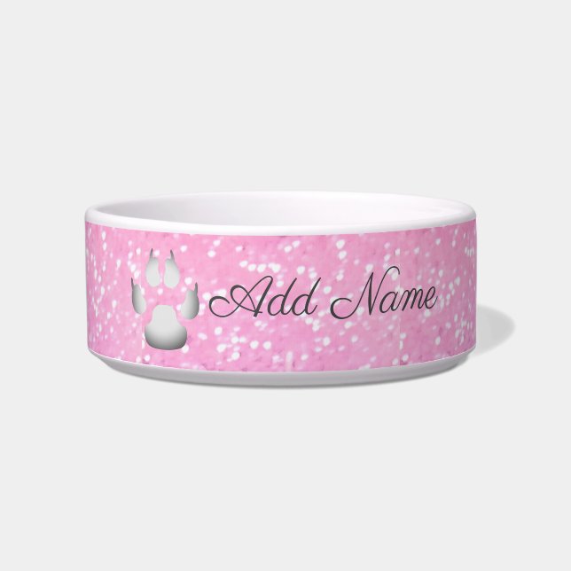 Pink Glitter Paw Print Personalized Bowl (Front)