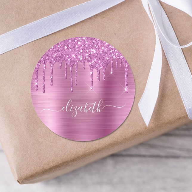 Pink Glitter Personalized Classic Round Sticker (Creator Uploaded)