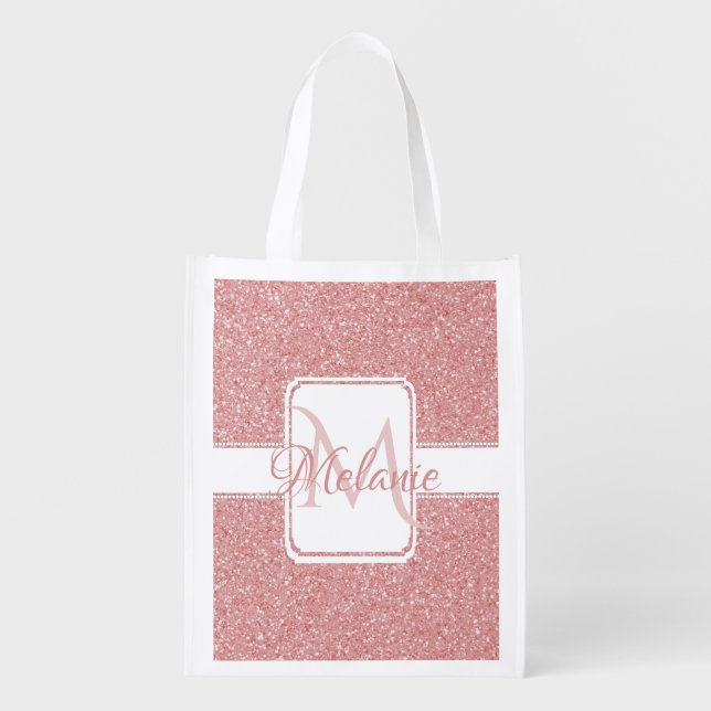 Pink Glitter Personalized Reusable Grocery Bag (Front)