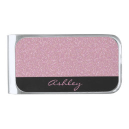 Pink Glitter Personalized Silver Finish Money Clip