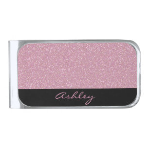 Pink Glitter Personalized Silver Finish Money Clip