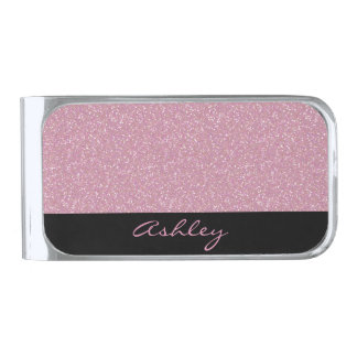 Pink Glitter Personalized Silver Finish Money Clip