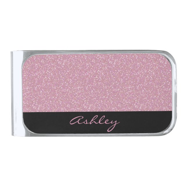 Pink Glitter Personalized Silver Finish Money Clip (Front)