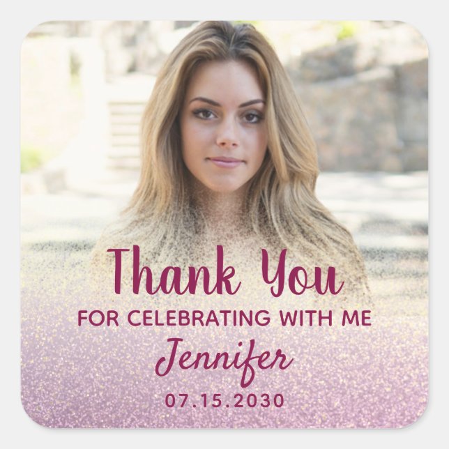 Pink Glitter Photo Birthday Thank You Square Sticker (Front)