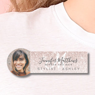 Pink Glitter Photo Business Logo Makeup Hair Salon Name Tag